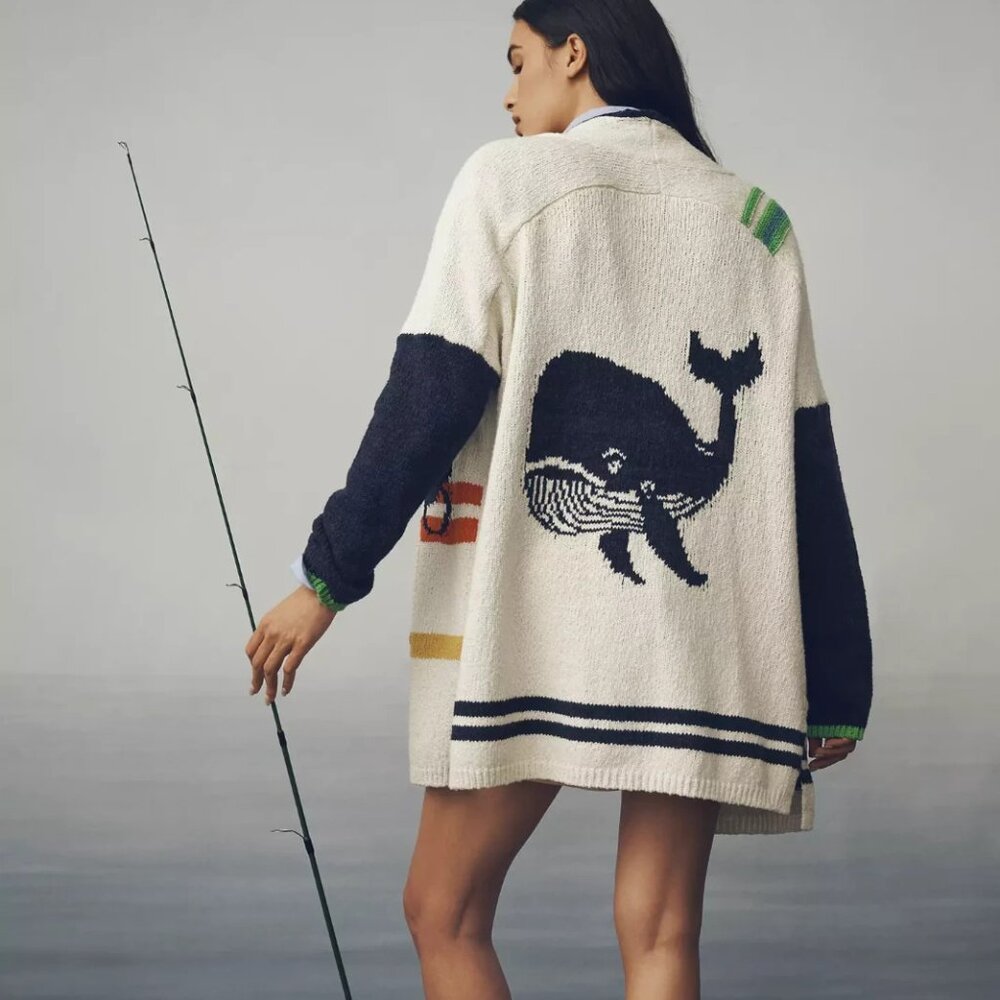 Anthropologie Maeve Nautical Buoy Cardigan Sweater Whale Seahorse L XL NWT